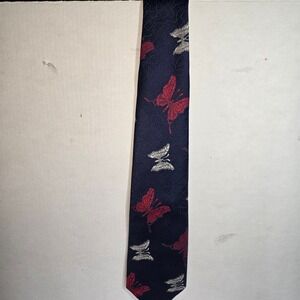 VINTAGE -‎ Villa Di Oro Made in Italy Navy Blue with White & Red Butterflies Tie